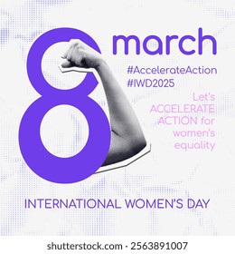 Accelerate action trendy art collage banner for International Women's day. IWD 2025 campaign for women's equality. Modern retro mixed media vector illustration with cut out female hand 