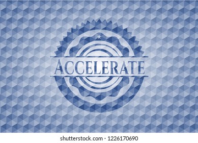 Accelerate blue emblem or badge with geometric pattern background.