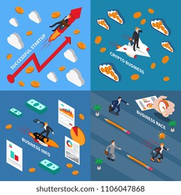 Accelerate business 2x2 design concept  set of business info successful startup business race and crypto business isometric square compositions vector illustration 