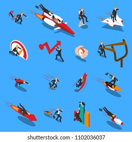 Accelerate business concept isometric icons set of businessmen racing to goal using different methods isolated vector illustration