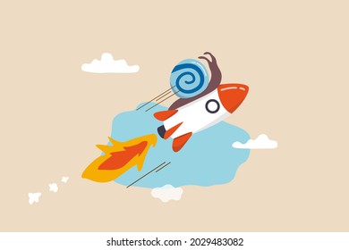 Accelerate business, increase agility and efficiency, sprint or fast, innovation to increase work speed concept, slow snail flying fast with rocket booster metaphor of accelerate working process.