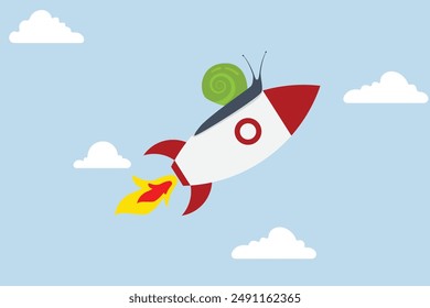 Accelerate business, slow snail flies fast rocket booster metaphor speeds up work process.