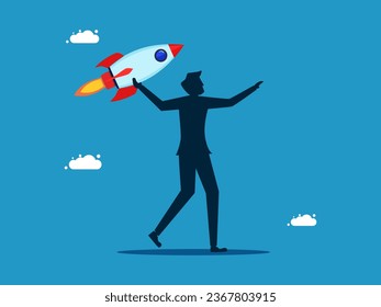 Accelerate in development. Businessman throwing rocket with all might