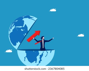 Accelerate the development of the world economy. Businessman throws red arrow out of the world