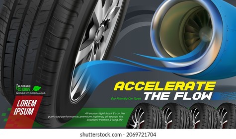 Accelerate the flow - tyre advertisement banner. Tyre car  poster. Black rubber tyre. Information. Store. Action. Landscape poster, flyer, booklet, brochure web design. Aircraft turbine without wing.