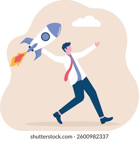 Accelerate innovation development. Businessman throwing rocket with all might

