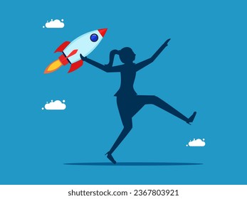 Accelerate innovation development. Businesswoman throwing rocket with all might