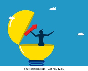 Accelerate innovation progress. Businessman throws red arrow from light bulb