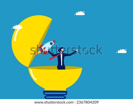 Accelerate and push innovation. Businessman throwing a rocket out of a light bulb
