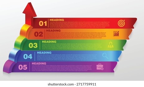 Accelerate your business narrative with this professional 5-step upward growth arrow infographic template. Designed to symbolize success and progression, the focal point is a large 3D red arrow pointing upwards, signifying continuous improvement and reaching new heights. 

The diagram features five horizontal, layered banners in a vibrant color palette Red, Orange, Green, Blue, and Purple, each corresponding to a numbered milestone from 01 to 05. Each level includes a clear HEADING placeholder and professional line icons to represent key business phases:
 01 Red: Target or Bullseye for goal setting and objectives.
 02 Orang: Rising Bar Graph for data analysis and market growth.
 03 Green: Team or Magnet representing talent acquisition or customer attraction.
 04 Blue: Magnifying Glass for research, audit, and quality control.
 05 Purple: Briefcase with Clock icon for management, execution, and timely delivery.

This high-quality EPS 10 vector illustration is perfect for corporate pitch decks, annual reports, startup business plans, and marketing strategy presentations. The clean, minimalist background ensures that your strategic steps remain the center of attention, making complex data easy to digest for stakeholders and team members alike.