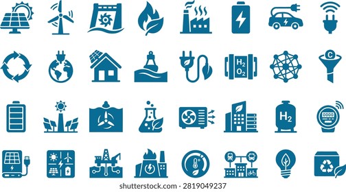 Accelerate your environmental tech platforms and sustainable energy interfaces with this comprehensive collection of modern green technology and renewable energy icons. Designed in a professional teal silhouette format, this high-quality vector set illustrates vital concepts for clean power generation, eco-friendly infrastructure, and carbon footprint reduction. The collection features intuitive symbols for solar panels, wind turbines, hydroelectric dams, electric vehicles (EV), smart recycling loops, hydrogen storage, green data centers, battery cell efficiency, and organic bioenergy. Perfectly optimized for software UI dashboards, environmental impact reports, sustainability presentations, and corporate responsibility applications, these clean geometric graphics present complex ecological workflows with exceptional visual clarity.

#RenewableEnergy #GreenTechnology #SustainabilityIcons #DashboardDesign #EcoFriendly #UIUXIcons #VectorGraphics #CleanPower #EnvironmentalTech #BusinessIntelligence