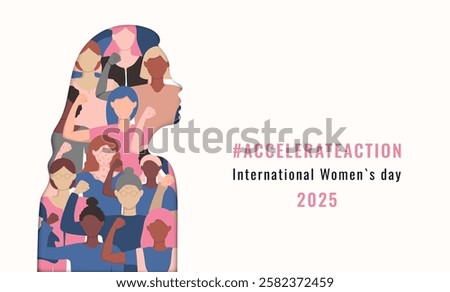 AccelerateAction 2025 banner template. Silhouette of girl and variety of women in pose hand show strength paper cut effect. International Women's Day. Accelerate Action cover in bright color.
