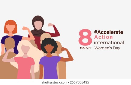 #AccelerateAction. 2025 campaign concept. Horizontal banner with women of different nationalities with their hand raised up. March 8. Faceless vector illustration.
