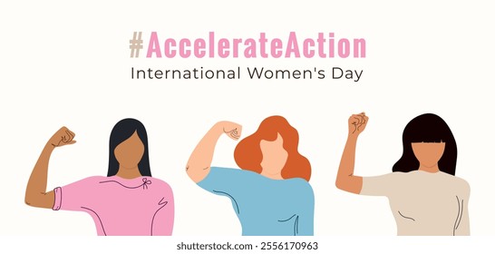 AccelerateAction banner. #Accelerateaction 2025. International Womens Day background in flat style. Faceless Womens with hand. 8 march day. Modern isolated vector illustration.