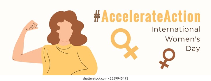 AccelerateAction banner. #Accelerateaction 2025. International Womens Day background in flat style. Faceless Womens with hand. 8 March Day. Modern isolated vector illustration.
