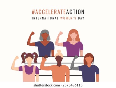 AccelerateAction banner with diversity woman. International Women's Day background. Girls different ethnicities show hands strength. IWD 2025. Accelerate Action