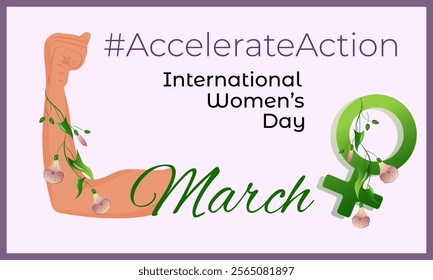 #AccelerateAction campaign pose on International Women's Day. Campaign concept 2025. March 8. Horizontal banner for awareness and equality campaigns. Vector.