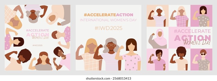 AccelerateAction. IWD2025. International Women's Day. Square Banners set. Accelerate Action. Women of Different ethnicities. March 8. Faceless vector illustration.