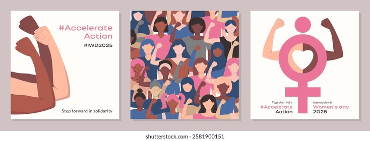 AccelerateAction poster template set. Diversity ladies different ages color skin ethnicities show biceps strength. International Women's Day 2025. IWD 2025 Accelerate Action cover banner greeting card