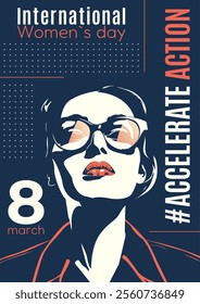 AccelerateAction retro poster. Accelerateaction 2025. International Womens Day background. Faceless Womens with hahd. 8 march day. Modern isolated vector flat style