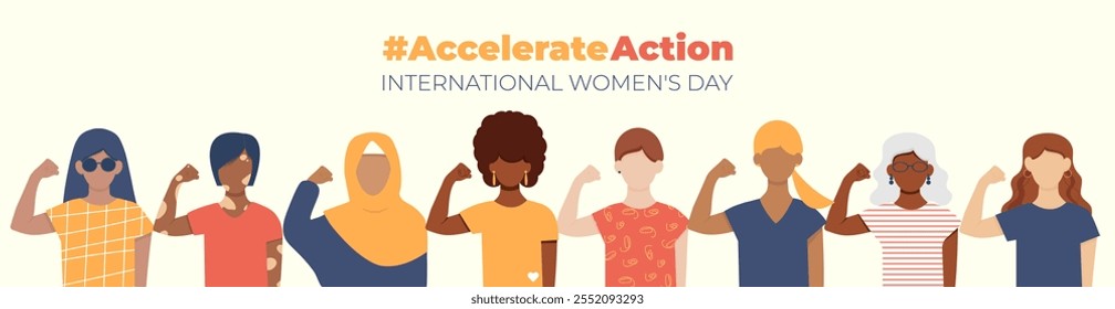 #AccelerateAction. Women's Day. Women of different ethnicities. Horizontal Banner. Faceless vector illustration isolated on white background.