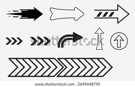 Acceleration Arrow Icon, Turn and Speed Symbols in Line and Silhouette Vector Style on White Background