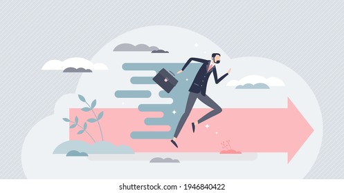Acceleration as businessman fast progress forward speed tiny person concept. Leadership and rapid business development and growth vector illustration. Running for success with high performance skills.