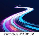Acceleration motion on a speedway with glowing neon lights, laser beams, and particle motion effects, representing high-tech speed in a dynamic design with bright red and blue neon trails.	