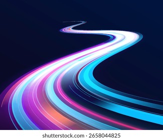 Movimiento de aceleración en una pista de carreras con luces de neón brillantes, rayos láser y efectos de movimiento de partículas, que representan la velocidad de alta tecnología en un diseño dinámico con senderos de neón rojo y azul brillante.	