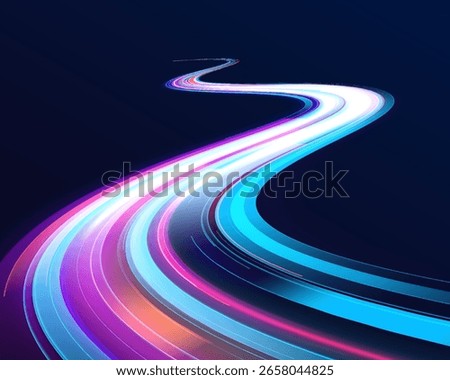 Acceleration motion on a speedway with glowing neon lights, laser beams, and particle motion effects, representing high-tech speed in a dynamic design with bright red and blue neon trails.	