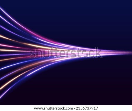 Acceleration speed motio. Magic neon smooth glowing track lines, blurry bright long exposure car trail of dynamic speed city road, movement on black background. Neon Color Blurred Motion On Speedway.	