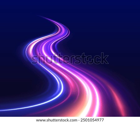 Acceleration speed motio. Magic neon smooth glowing track lines, blurry bright long exposure car trail of dynamic speed city road, movement on black background. Neon color blurred motion on speedway.