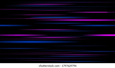 Acceleration speed motion on night road. Luminous blurred horizontal lines. Pink and blue color. Abstract composition. Stock vector illustration.