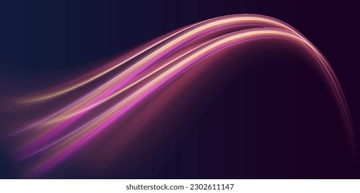 Aceleración del movimiento en el camino nocturno. Fondo brillante brillante. Concepto de tecnología panorámica de alta velocidad, fondo abstracto claro. Ilustración vectorial.	