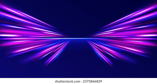 Acceleration speed motion on night road. Future technology line background and light effect, cyberpunk style material with a sense of technology. Laser beams luminous abstract sparkling vector.