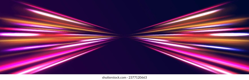 Acceleration speed motion on night road. Future technology line background and light effect, cyberpunk style material with a sense of technology. Laser beams luminous abstract sparkling vector.