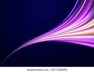 Acceleration speed motion on night road. Future technology line background and light effect, cyberpunk style material with a sense of technology. Laser beams luminous abstract sparkling vector.