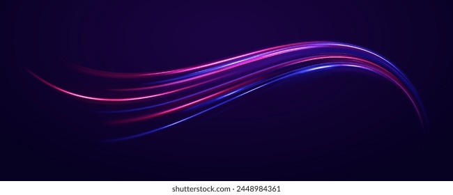 Acceleration speed motion on night road. Colorful Light Trails, Long Time Exposure Motion Blur Effect. Space tunnel. Light everyday glowing effect. Vector Illustration	
