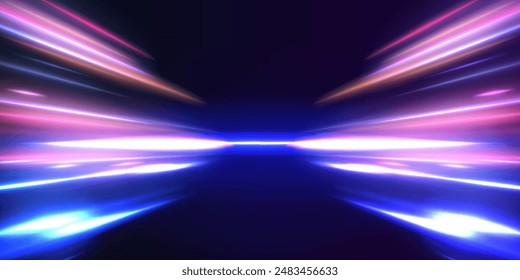 Acceleration speed motion on night road. Light and stripes moving fast over dark background.	
