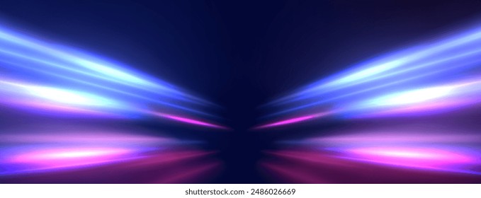 Acceleration speed motion on night road. Light and stripes moving fast over dark background.	