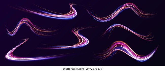 Acceleration speed motion on night road. Vector glitter light fire flare trace. Abstract image of speed motion on the road. Bright sparkling background.	