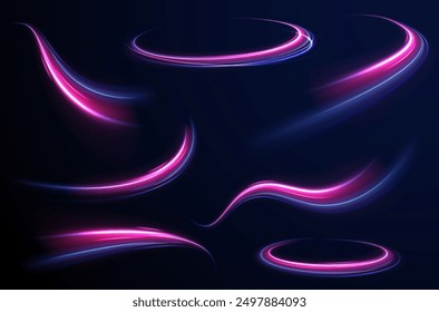 Aceleración de movimiento de velocidad en carretera nocturna. Ilustración de rayo de luz, línea de franja con luz azul, fondo de movimiento de velocidad. Efecto de luz de onda azul brillante.