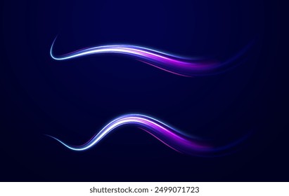 Aceleración de movimiento de velocidad en carretera nocturna. Ilustración de rayo de luz, línea de franja con luz azul, fondo de movimiento de velocidad. Efecto de luz de onda azul brillante.