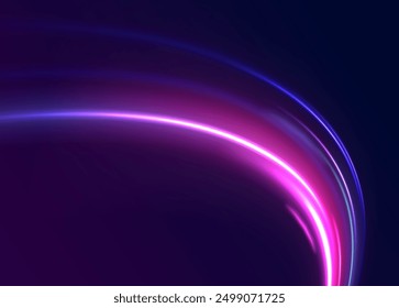 Acceleration speed motion on night road. Illustration of light ray, stripe line with blue light, speed motion background. Glitter blue wave light effect.