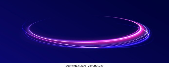 Aceleración de movimiento de velocidad en carretera nocturna. Ilustración de rayo de luz, línea de franja con luz azul, fondo de movimiento de velocidad. Efecto de luz de onda azul brillante.