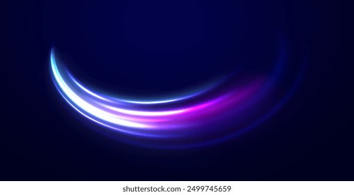 Acceleration speed motion on night road. Illustration of light ray, stripe line with blue light, speed motion background. Glitter blue wave light effect.