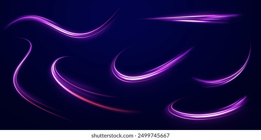 Acceleration speed motion on night road. Illustration of light ray, stripe line with blue light, speed motion background. Glitter blue wave light effect.