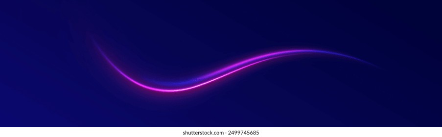 Acceleration speed motion on night road. Illustration of light ray, stripe line with blue light, speed motion background. Glitter blue wave light effect.