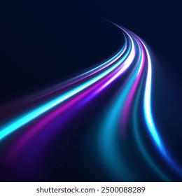 Acceleration speed motion on night road. Illustration of light ray, stripe line with blue light, speed motion background. Glitter blue wave light effect.
