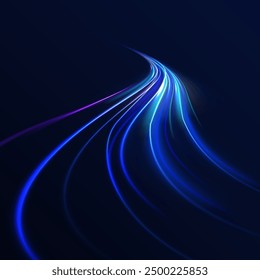Aceleración de movimiento de velocidad en carretera nocturna. Ilustración de rayo de luz, línea de franja con luz azul, fondo de movimiento de velocidad. Efecto de luz de onda azul brillante.